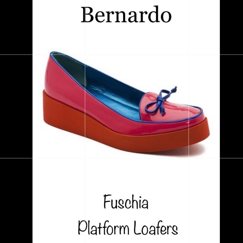 Bernardo Pink Patent Platform Loafers with Blue Trim and Orange Sole - Picture 2 of 7